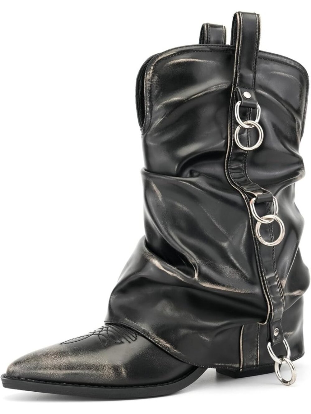 Women's Retro Grey Pointed Toe Western Fashion Riding Mid Calf Cowboy Boots